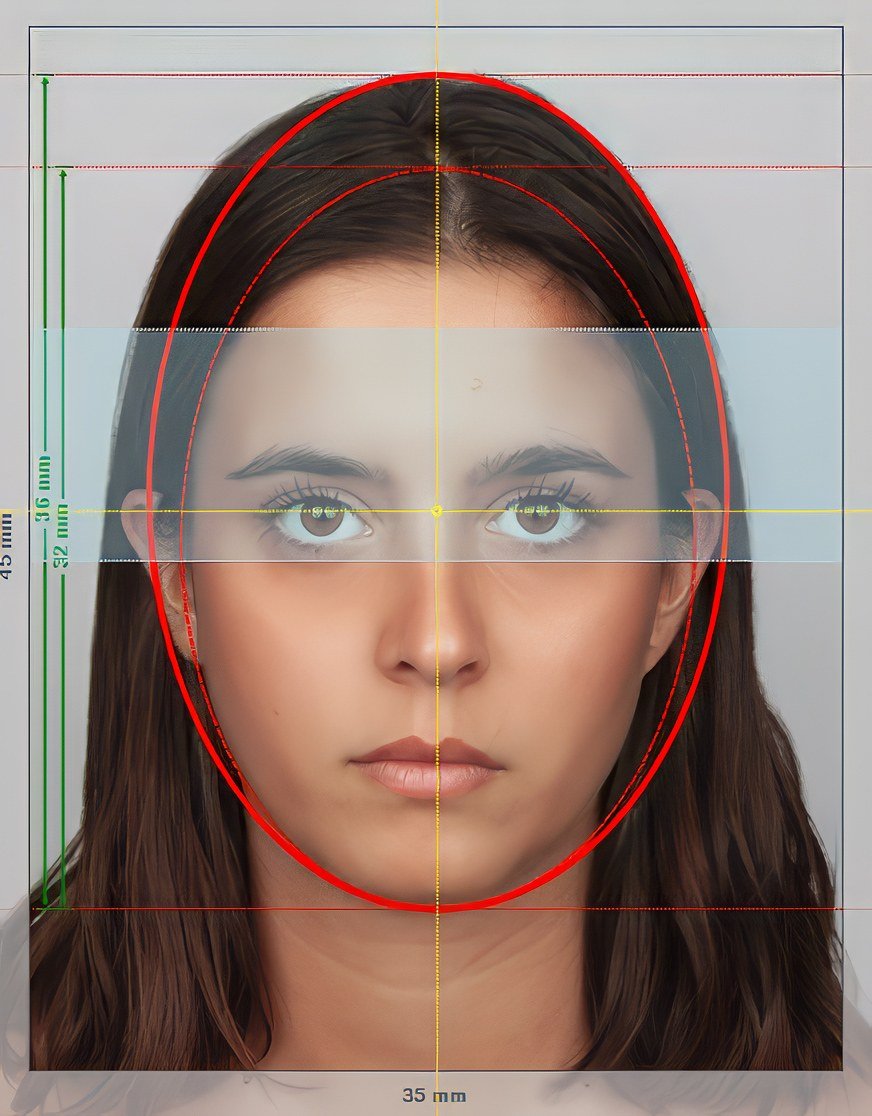 Gabarit de photo d'identité 35 × 45 mm : visage de face entre deux ovales rouges, hauteur de tête entre 32 et 36 mm, yeux dans la bande bleue.